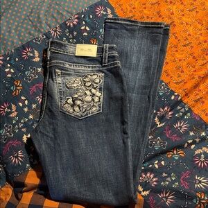 Miss Me Women's Dark Blue Floral Embroidered Boot Cut Jeans